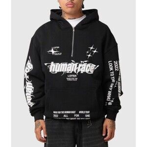 Loiter Rave 1/4 Zip Hoodie Men Sz XS Graphic Print Human Race Cotton Logo Skater